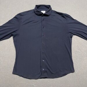 Emanuel Berg Shirt Mens Size 17 43cm Navy Blue Modern Fit Stretch Knit Button Up